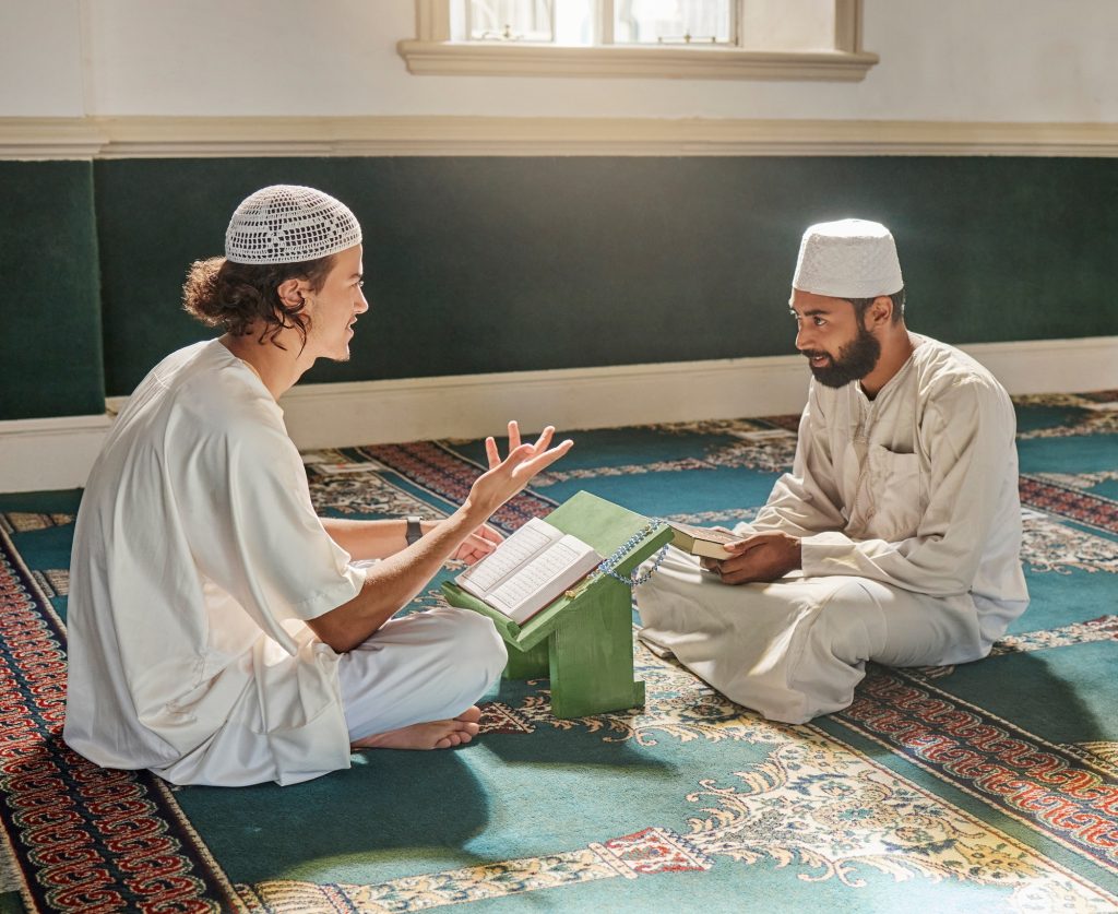 Muslim pray, worship or men studying the Quran for peace, mindfulness or support from Allah in holy
