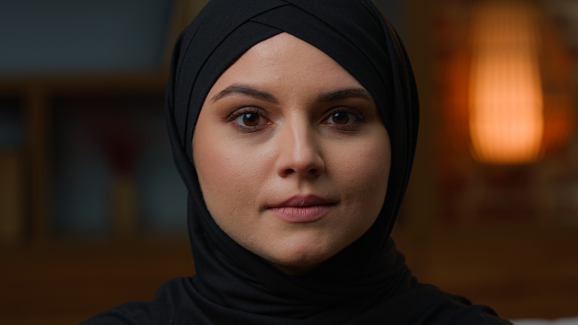 Head shot Arabian Muslim woman islamic young girl in black hijab middle-eastern oriental lady islam