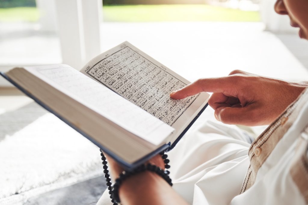 reading-book-islamic-or-hands-of-man-with-quran-on-eid-mubarak-praying-to-god-or-worship-at-home-
