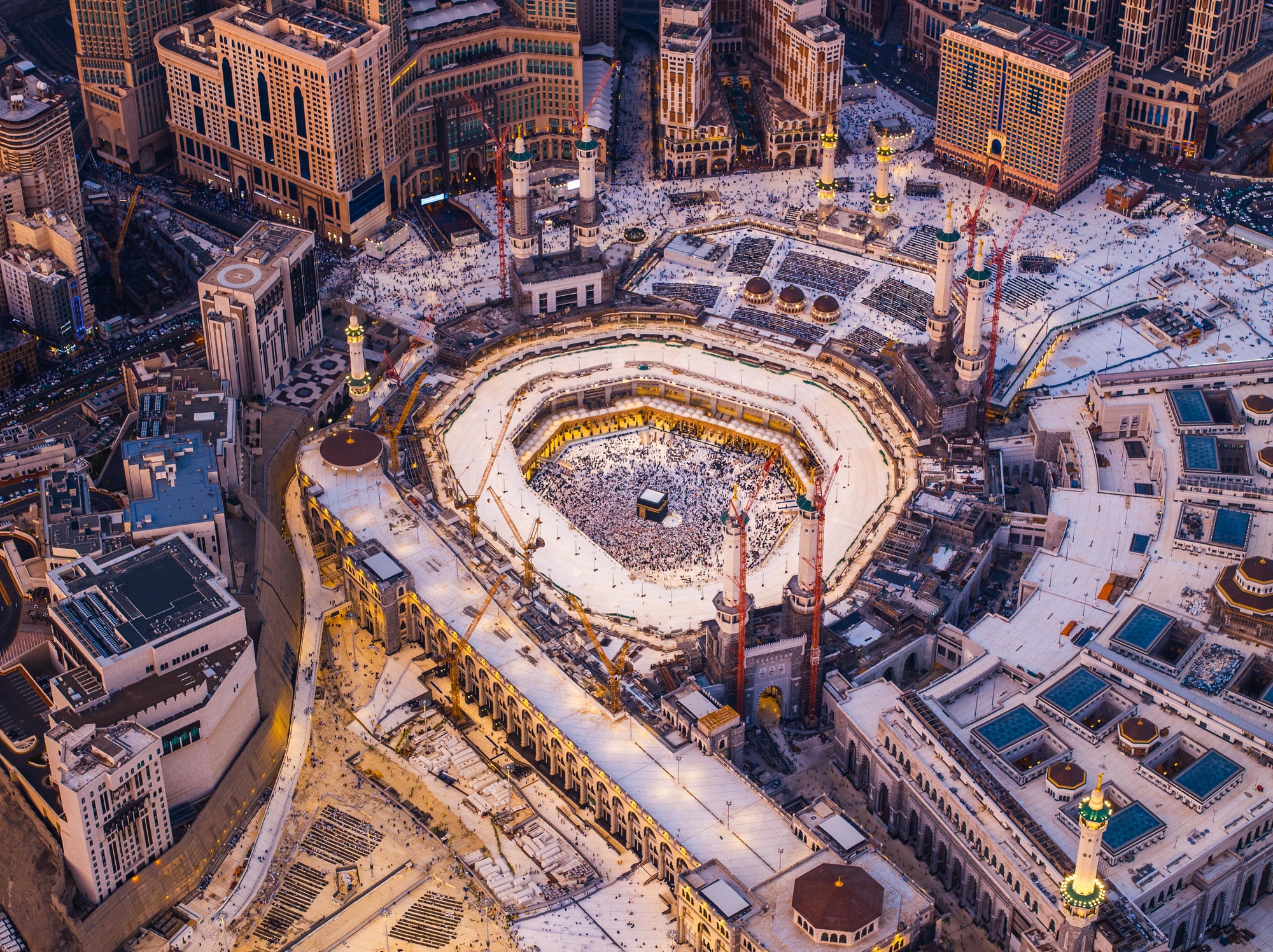 Aerial view of pilgrims at the Kaaba in the Grand Mosque, Mecca