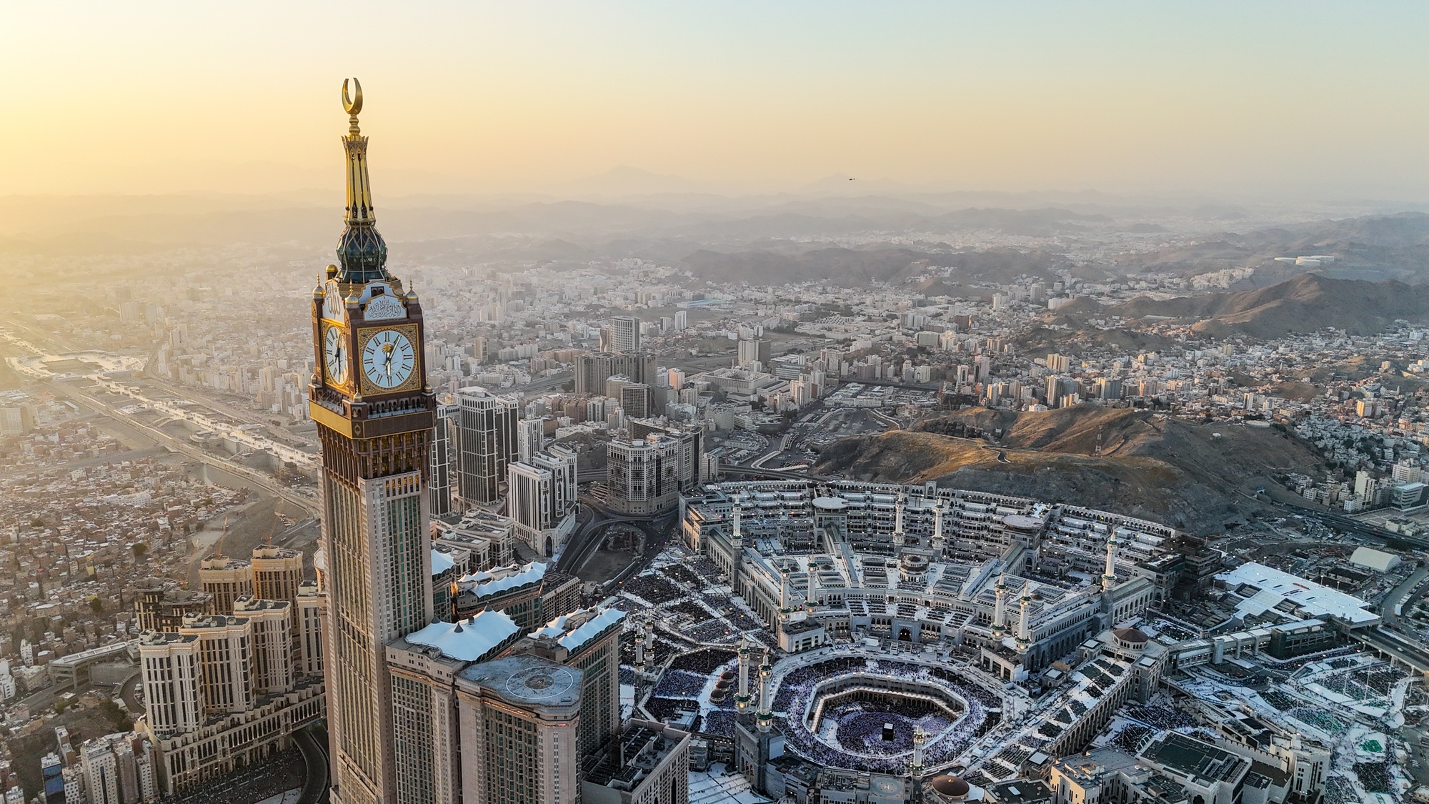 Aerial view Mecca skyline , Makkah city Saudi Arabia, Makkah Clock Tower - Masjid Al Haram drone