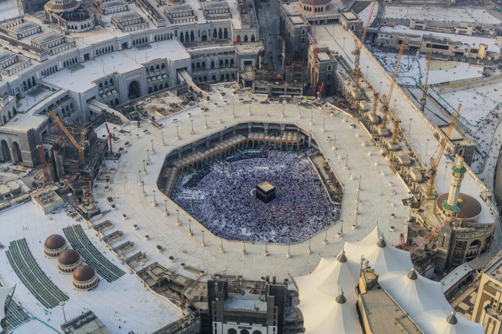 Pilgrimage to Mecca, Saudi Arabia, the holiest city for Muslims. Aerial view.